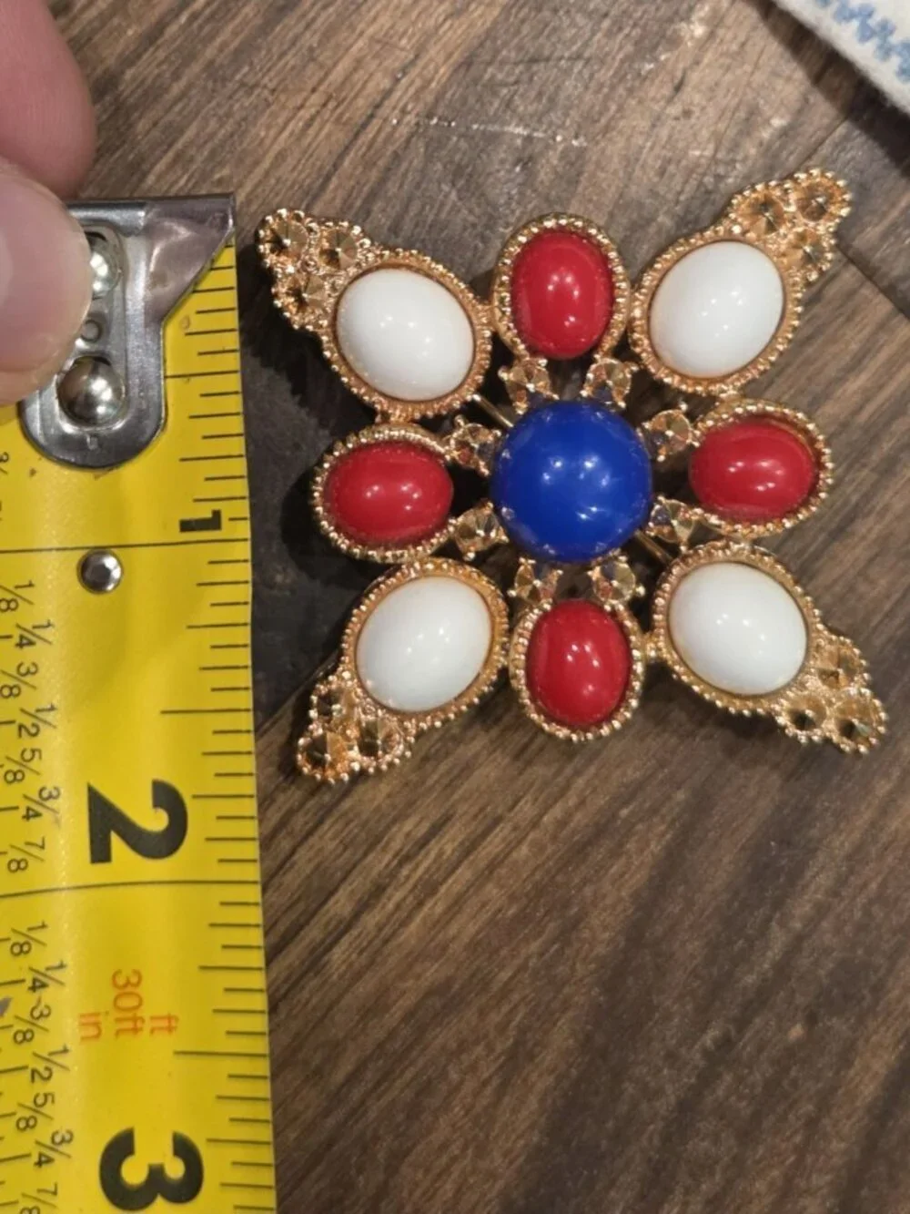 Vtg 70s Sarah Coventry Brooch Maltese Cross Gold Tone Red White Blue Americana